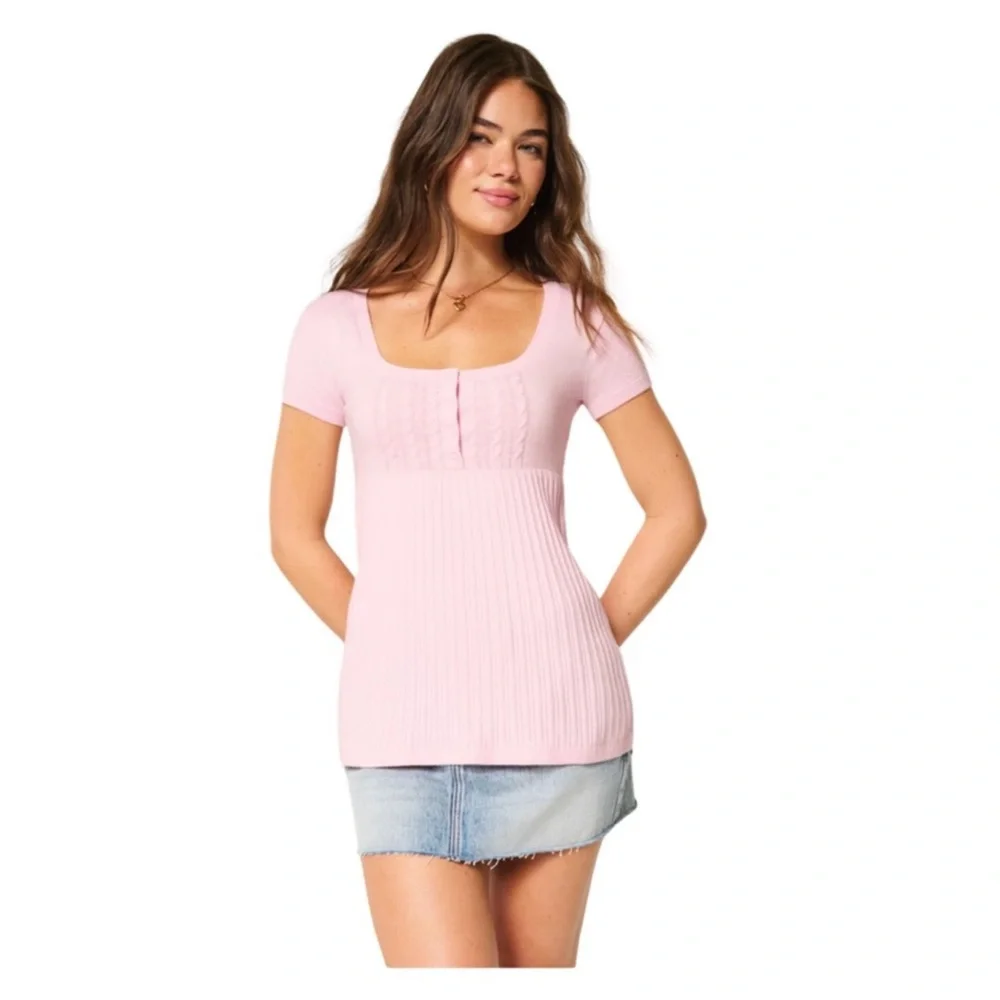 Hollister Short Sleeve Pink Henley Babydoll Top NWT Size M - Picture 1 of 5